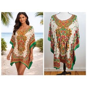 California Woman Kaftan Women Free Size Green Red Paisley Sequin Boho Coverup